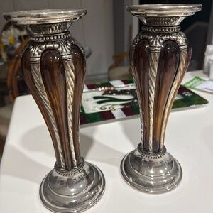 Vintage MCM Pillar Candle Holder Pair Silver Plate & Amber Glass